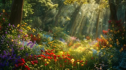Fototapeta na wymiar Sunlight streaming through the canopy of a dense forest, illuminating a carpet of vibrant wildflowers below.