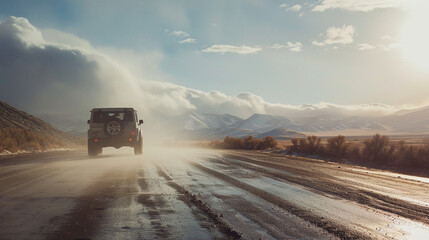 Close-up image of a car driving through a wet road after rain.