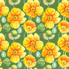 Seamless pattern of yellow poppy flowers painted with watercolours on a green background. Botanical collection of garden and wild plants. For fabric, sketchbook, wallpaper, wrapping paper.