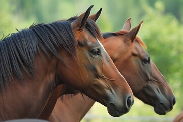 profile of horses with their heads over each others shoulder