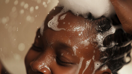 Black woman washing her hair, close-up. cosmetic shot, beauty industry advertising photo.