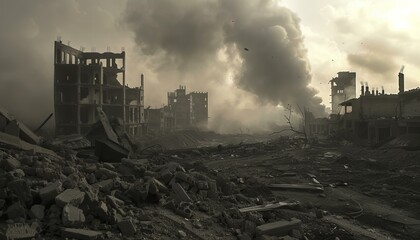 Devastation and Ruins of War-Torn City - obrazy, fototapety, plakaty