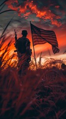 Painting of Soldier with American Flag Memorial Day, Independence Day - obrazy, fototapety, plakaty
