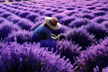 Obraz premium A beautiful girl back view in a purple lavender garden field wallpaper background nature scent