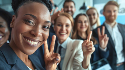 A close-up shot of a diverse group of businesspeople, all smiling, as one person makes the 