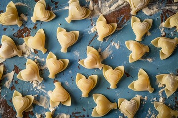 uncooked heartshaped pasta on a rustic blue surface