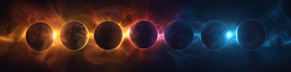 A succession of solar eclipse phases with vibrant corona visible, background, wallpaper, cosmic banner