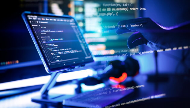 Cyber space concept. programming code on computer screen , abstract screen of software developer. Computer script.