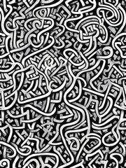Obraz premium Black and White Letter Pattern. Alphabet maze seamless pattern on black background