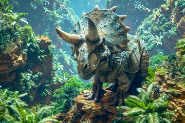 Majestic Triceratops Dinosaur in Lush Ancient Forest Under Misty Light