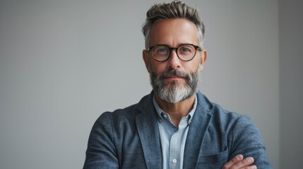 Portrait of a handsome mature man with gray hair and beard wearing glasses - obrazy, fototapety, plakaty