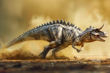 Realistic 3D Illustration of a Carnivorous Dinosaur in Dynamic Running Pose on a Blurry Desert Background for Paleontology Concepts