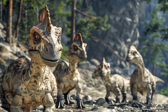 Realistic 3D Render of a Pack of Psittacosaurus Dinosaurs Roaming Through Prehistoric Forest
