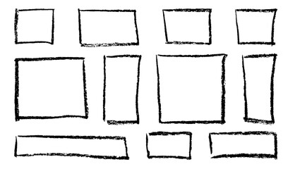Set of freehand vector rectangle frames or borders drawn by chalk. Frames with rough edges. Square border