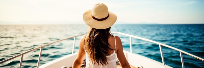 A woman in a hat on the back of boat looking out at ocean