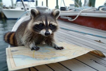 raccoon with a map on boat deck, navigating the sea