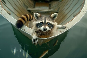 raccoon dangling paws over rowboat side, fish swimming below