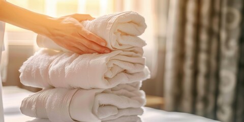 female hands preparing towels in spa