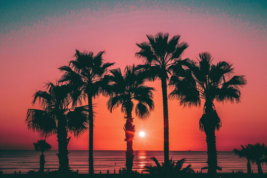 Crimson Dusk, Palm Silhouettes Framing the Sunset on a Peaceful Seaside