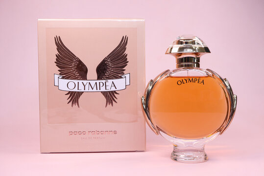 Bangkok, Thailand - March 28, 2024 : Olympea Paco Rabanne perfume by Francisco Paco Rabaneda Cuervo on pink background.Olymp&eacute;a was launched in 2015. 