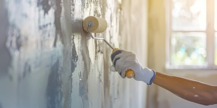 master painter worker painting wall with paint roller