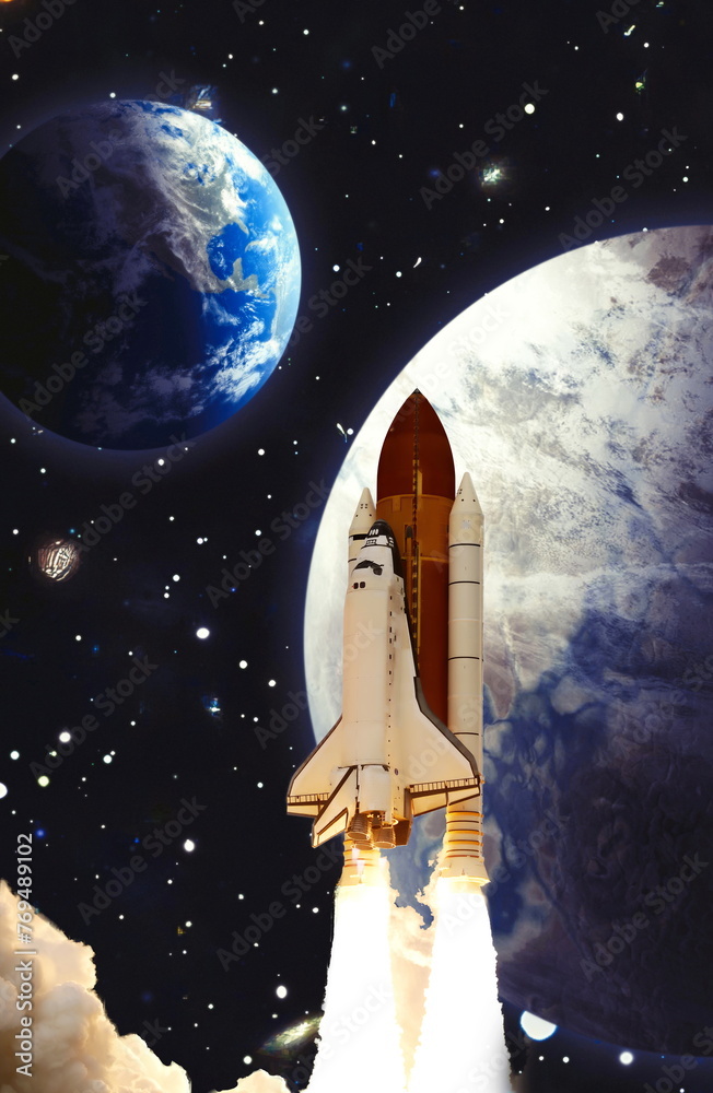 Wall mural dark space shuttle launch in the clouds with stars on background.spaceship flight. elements of this 