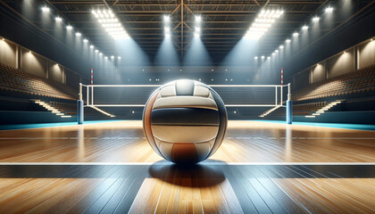 A realistic and detailed image of a bright yellow volleyball placed in the center of an indoor...