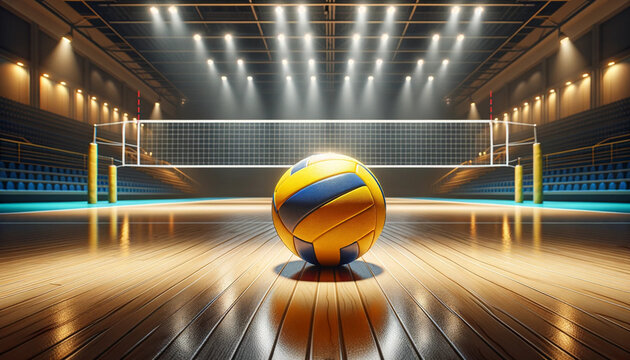 A realistic and detailed image of a bright yellow volleyball placed in the center of an indoor volleyball court.