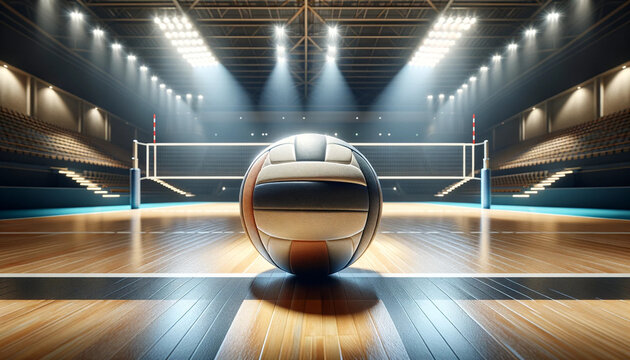 A realistic and detailed image of a bright yellow volleyball placed in the center of an indoor volleyball court.