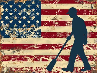 Patriotic American Worker Silhouette with Flag - obrazy, fototapety, plakaty