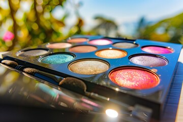 closeup of colorful eyeshadow palette with a sunny backdrop - obrazy, fototapety, plakaty