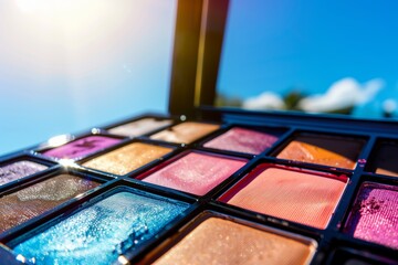 closeup of colorful eyeshadow palette with a sunny backdrop - obrazy, fototapety, plakaty