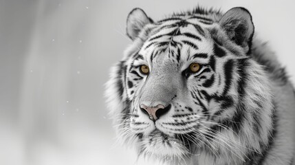 A white tiger with yellow eyes stares at the camera