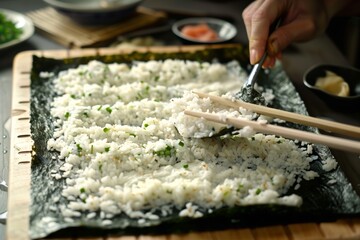 spreading rice on seaweed sheet for a sushi roll