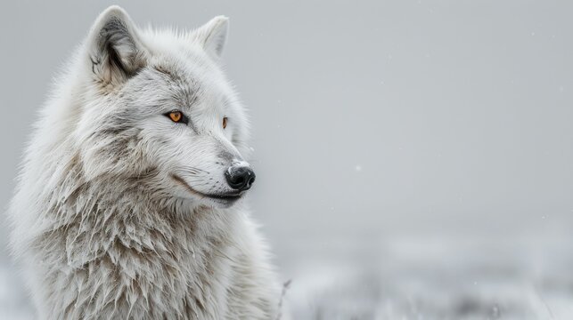 A white wolf with a yellow eye stands in the snow