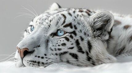 A white tiger with blue eyes is laying down on a white surface