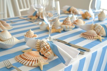 table with blue and white striped tablecloth, seashell centerpieces, and starfish napkin holders - Powered by Adobe