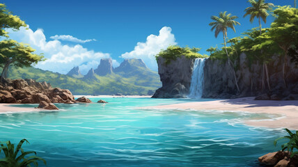A tranquil lagoon forms at the base of a majestic waterfall, blending seamlessly into a pristine sandy shore beneath a clear blue sky