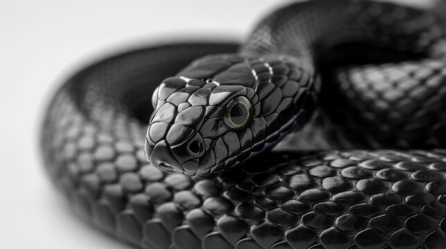 A black snake with a black head and black eyes