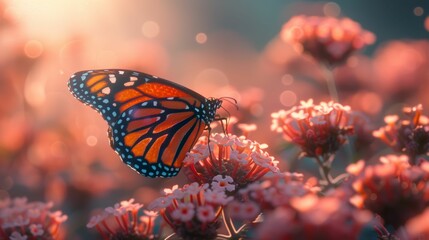 A butterfly is sitting on a flower in a field of pink flowers
