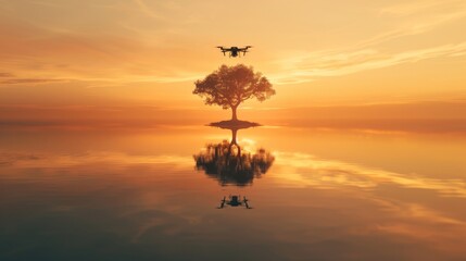 Drone flies over tranquil lake, reflecting sunset's gold with a lone tree. Drone hovers above calm...