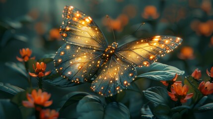 A butterfly with glowing wings is resting on a leaf