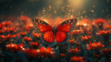 A red butterfly is flying in a field of red flowers - Powered by Adobe