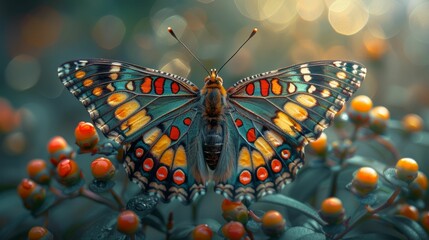 A colorful butterfly is perched on a bush with red berries