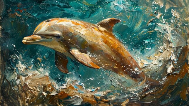 A painting of a dolphin jumping out of the water