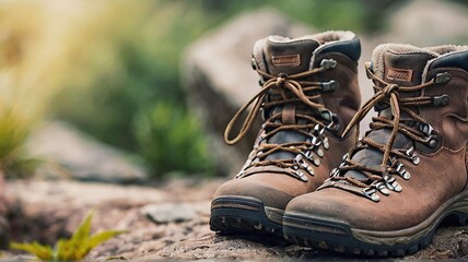 close-up shot of hiking boots trudging along a rugged trail, capturing the determination and adventure of outdoor exploration, with a softly blurred background hinting at the vast wilderness.