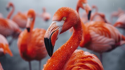 A group of flamingos are standing in the rain - obrazy, fototapety, plakaty