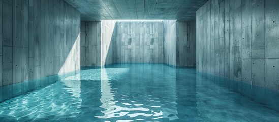 Abstract concrete interior with blue water. Architectural background. An .