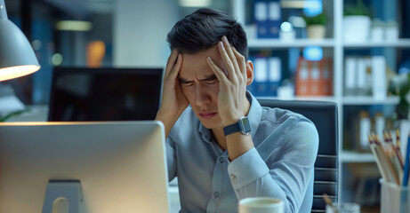 Asian man is sitting at the computer in the office, grimacing from headache - obrazy, fototapety, plakaty