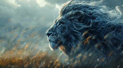 A lion with a mane of hair blowing in the wind - obrazy, fototapety, plakaty